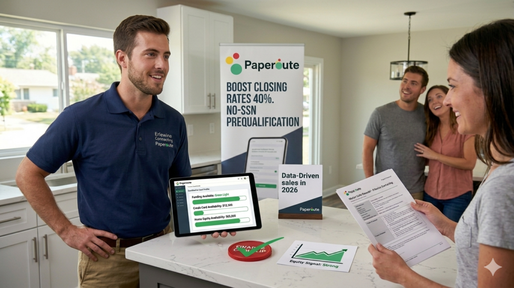 Young contractor using Paperoute No-SSN Prequalification to check credit card and home equity availability SUCCESS in a modern home kitchen.