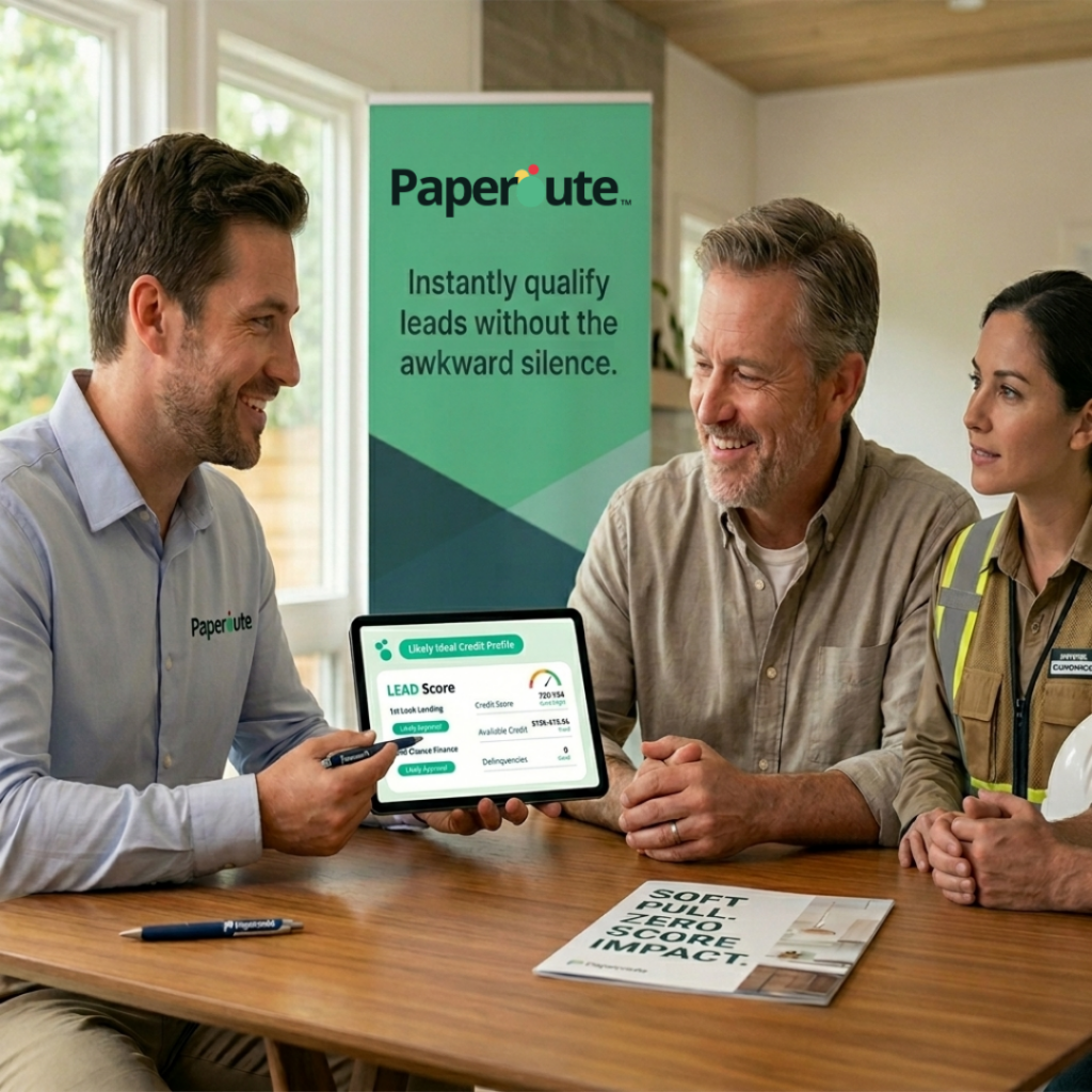 Contractor showing homeowner soft credit check approval on tablet